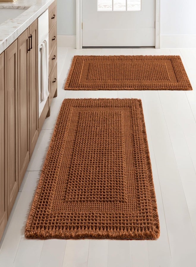 MIULEE Set of 2 Waffle Bathroom Rugs, Terracotta Boho Bath Rug Super Absorbent, Non Slip Washable Ultra Soft Rubber Backed Shower Bath Mats for Floor, Tub, Shower, Looped Design, Caramel, 18x30 Inch - Image 1