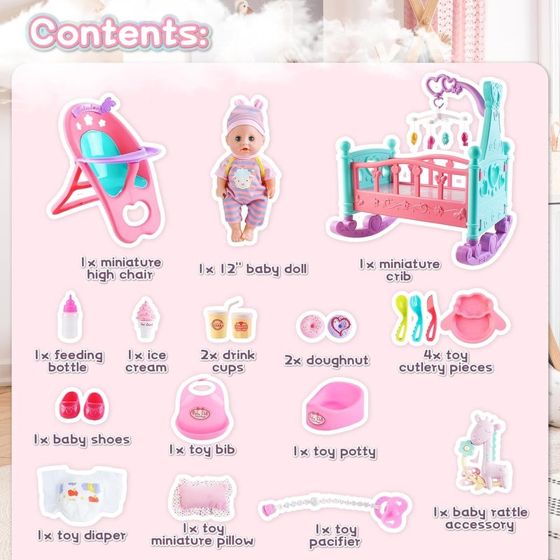 deAO 12” Baby Doll Play Set with Crib, Mobile, High Chair Feeding Accessories, Interactive Dolls for Girls Kids Pretend Play Baby Dolls 21 PCS - Image 4