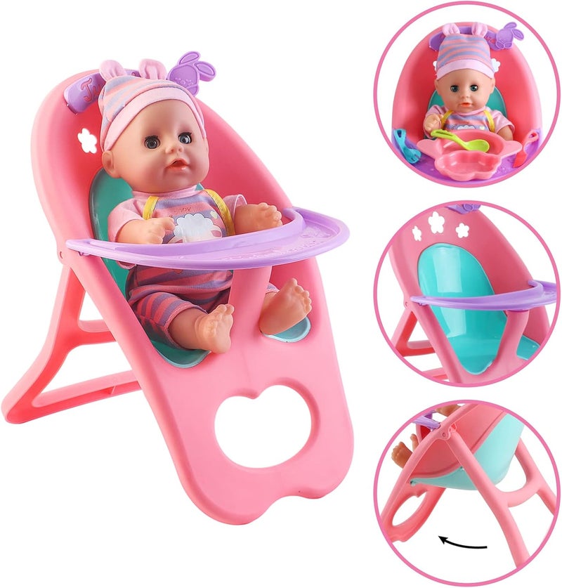 deAO 12” Baby Doll Play Set with Crib, Mobile, High Chair Feeding Accessories, Interactive Dolls for Girls Kids Pretend Play Baby Dolls 21 PCS - Image 3