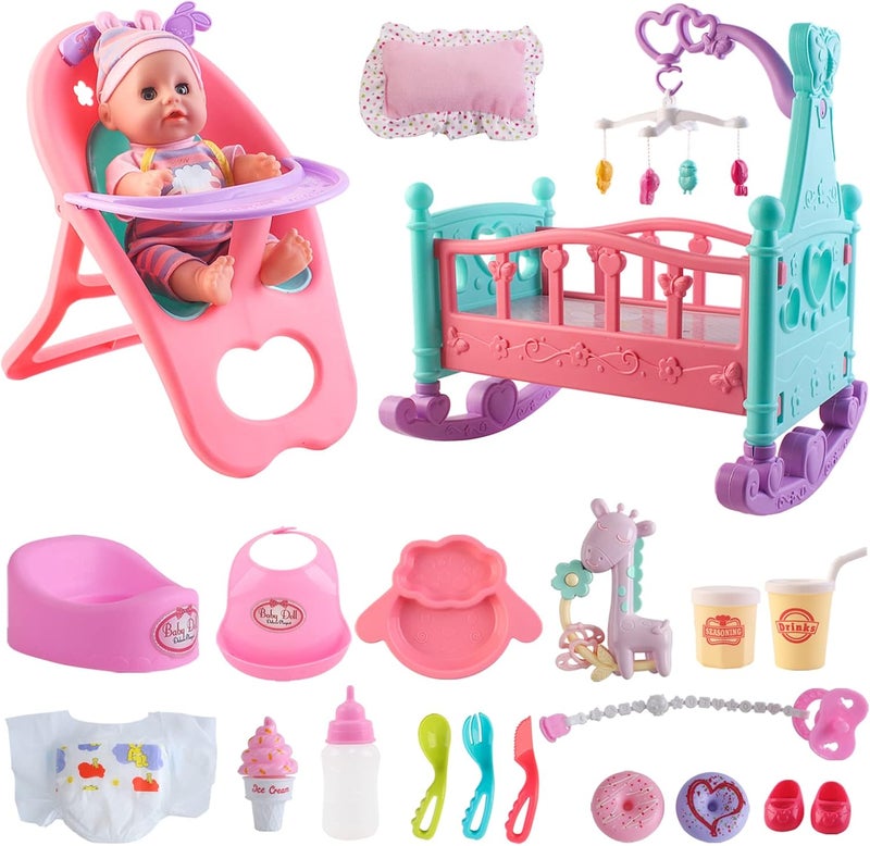 deAO 12” Baby Doll Play Set with Crib, Mobile, High Chair Feeding Accessories, Interactive Dolls for Girls Kids Pretend Play Baby Dolls 21 PCS - Image 1