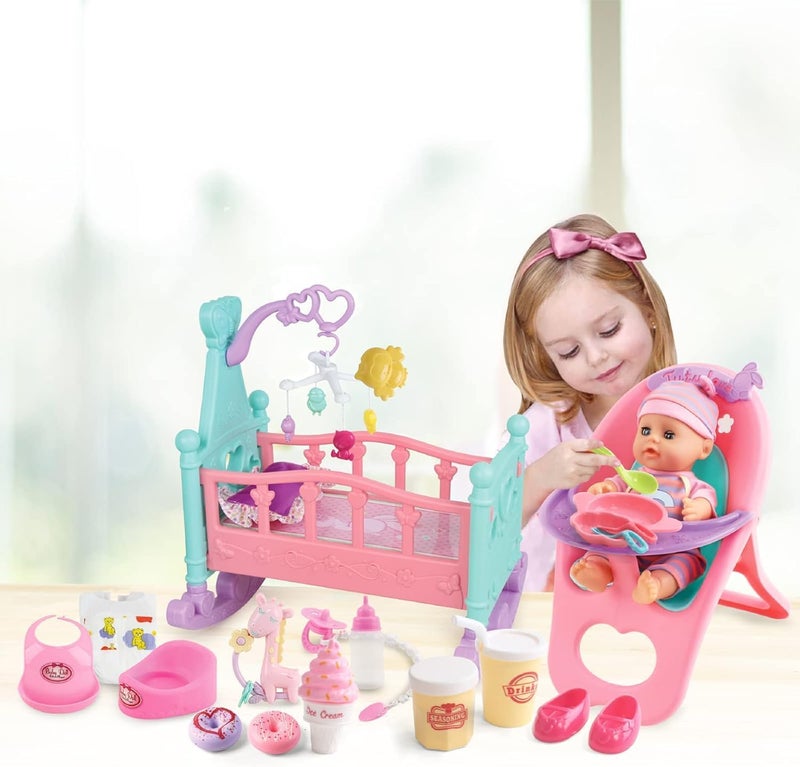 deAO 12” Baby Doll Play Set with Crib, Mobile, High Chair Feeding Accessories, Interactive Dolls for Girls Kids Pretend Play Baby Dolls 21 PCS - Image 2