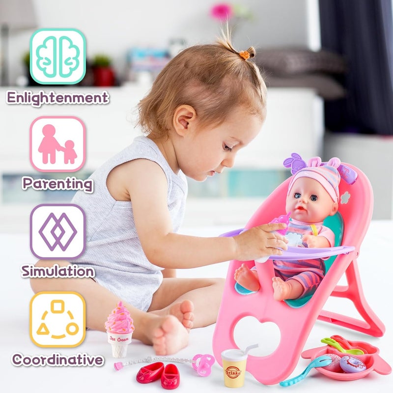 deAO 12” Baby Doll Play Set with Crib, Mobile, High Chair Feeding Accessories, Interactive Dolls for Girls Kids Pretend Play Baby Dolls 21 PCS - Image 5