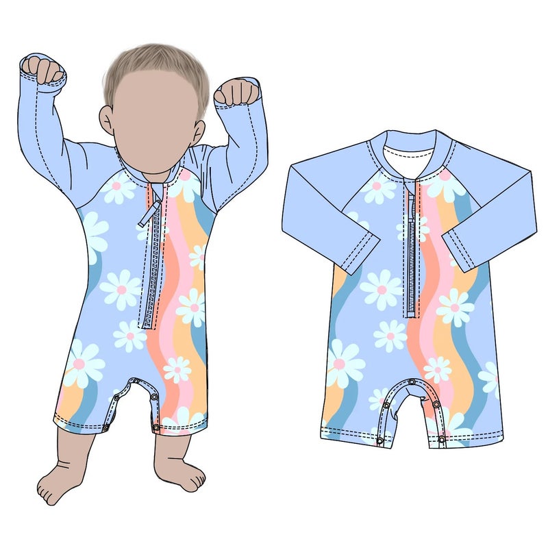 Bluejw Baby  Summer Floral Print Long Sleeve Zipper Swimsuit Toddler Swimwear Kids Children Swim Clothes Bathing Suit - Image 2