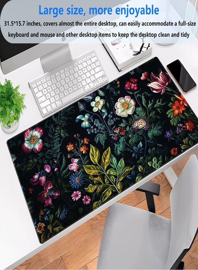 Shalysong Dark Green Desk Pad Mat, Floral Extended XL Large Gaming Mousepad with Stitched Edges, Non-Slip Computer Mat Pad for Desk, Flowers Design Keyboard and Mouse mat 31.5 x 15.7 in - Image 2