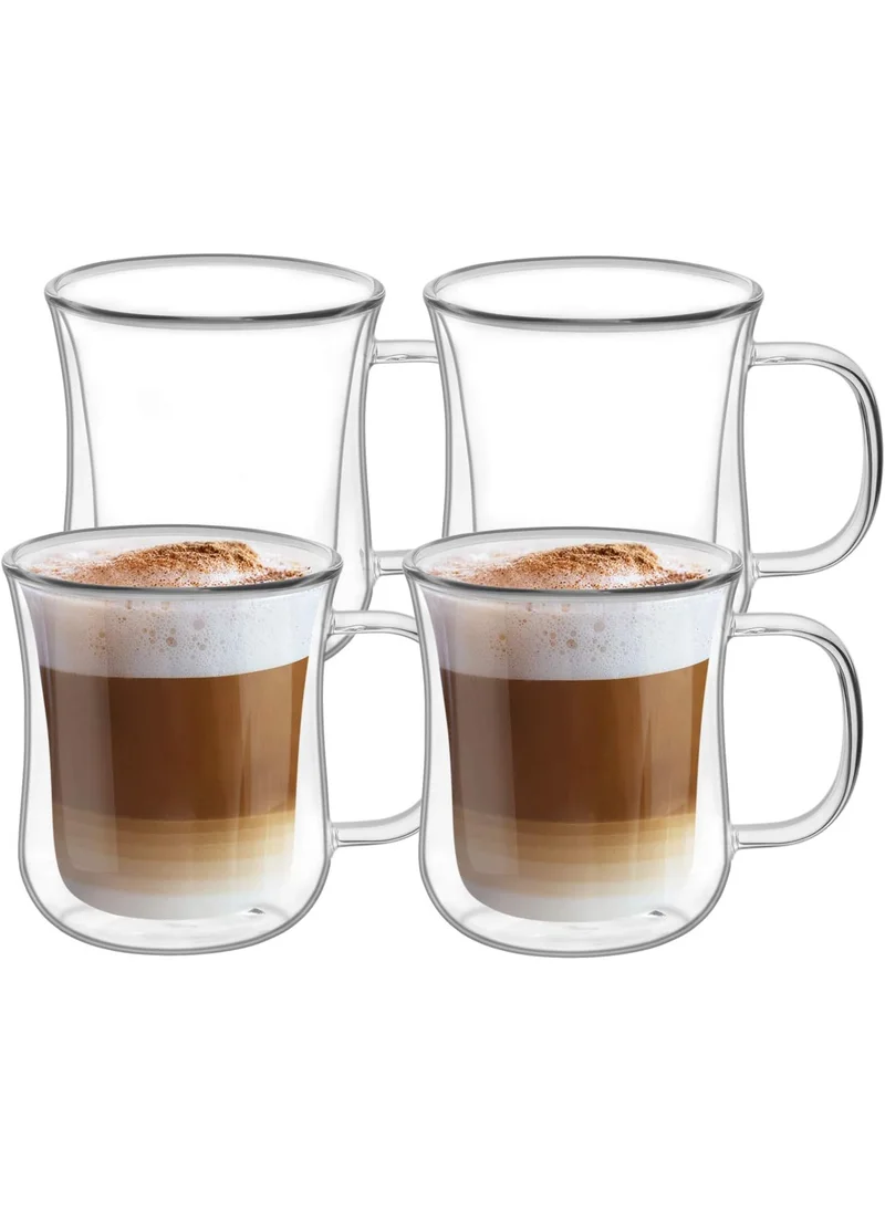 QUESERA Double Walled Glass Coffee Mugs (8oz/250ml), Thermal Insulated Borosilicate Glass Cups with Handle for Tea, Coffee, Latte, Cappuccino, Hot and Cold Drinks Beverages, Pack of 4