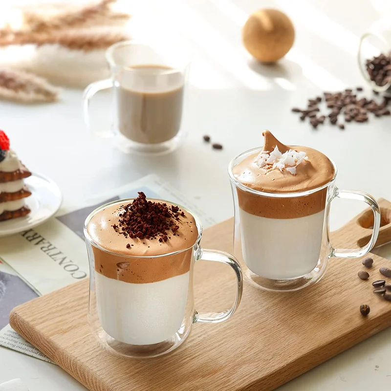 Quesera  Double Walled Glass Coffee Mugs (8oz/250ml), Thermal Insulated Borosilicate Glass Cups with Handle for Tea, Coffee, Latte, Cappuccino, Hot and Cold Drinks Beverages, Pack of 4  | Best Price UAE