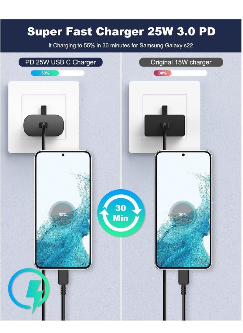 25W Fast Charger for Samsung Galaxy S23, S23+, S22, S22Ultra, S22+, S21, S20, A32, A33, A53, A73, USB C Super Fast Charger Plug with 1.5m Type C Charging Cable - Image 3