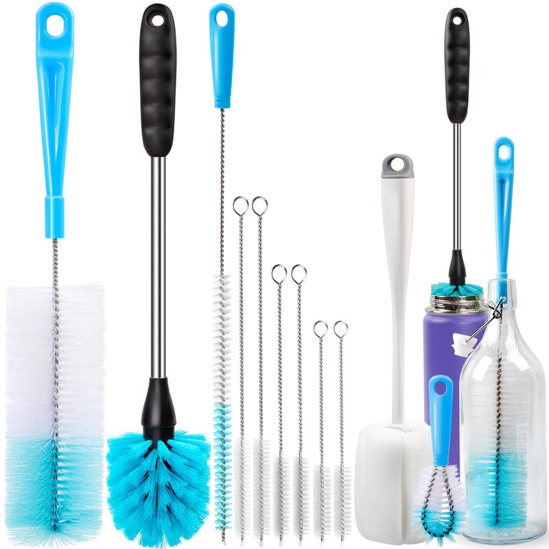 Holikme Bottle Brush Tube Cleaning Set with Long Handle, Cup Cleaner for Washing Narrow Neck Beer Wine Decanter Pipes Lids Sinks Cap Covers, White - Image 1