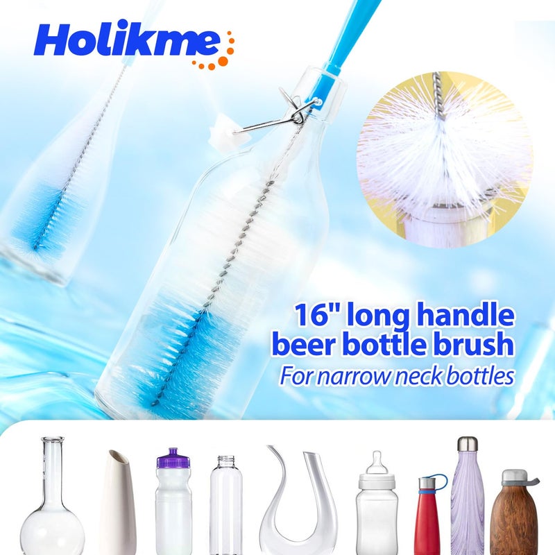 Holikme Bottle Brush Tube Cleaning Set with Long Handle, Cup Cleaner for Washing Narrow Neck Beer Wine Decanter Pipes Lids Sinks Cap Covers, White - Image 3