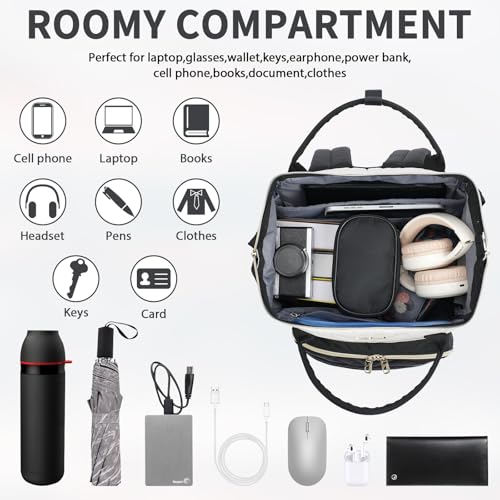 VANKEAN 17 Inch Laptop Backpack for Women Fashion Computer Work Bag, Large Capacity Waterproof Backpack, College Daypack Business Travel, Beige-Black - Image 5
