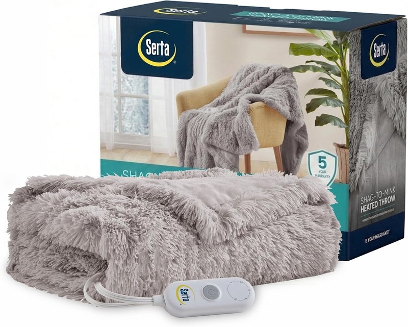 Serta Mila Shaggy Throw - Ultra Soft Long Faux Fur Electric Blanket Cozy and Snuggly Cover, Fast Heating for Cold Weather, Auto Shut Off, Multi Heat Setting Controller, 50"x60", Ash Grey - Image 1