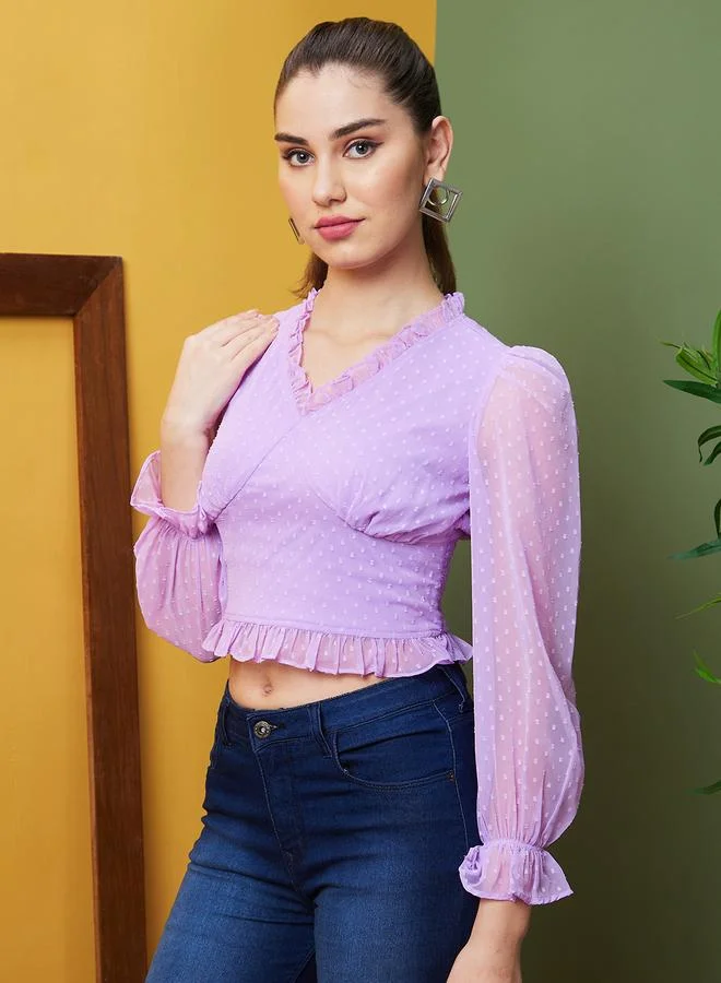 globus Women Dobby Ruffled V Neck Crop Top