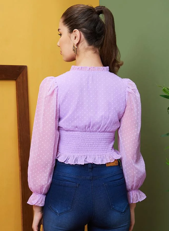 globus Women Dobby Ruffled V Neck Crop Top