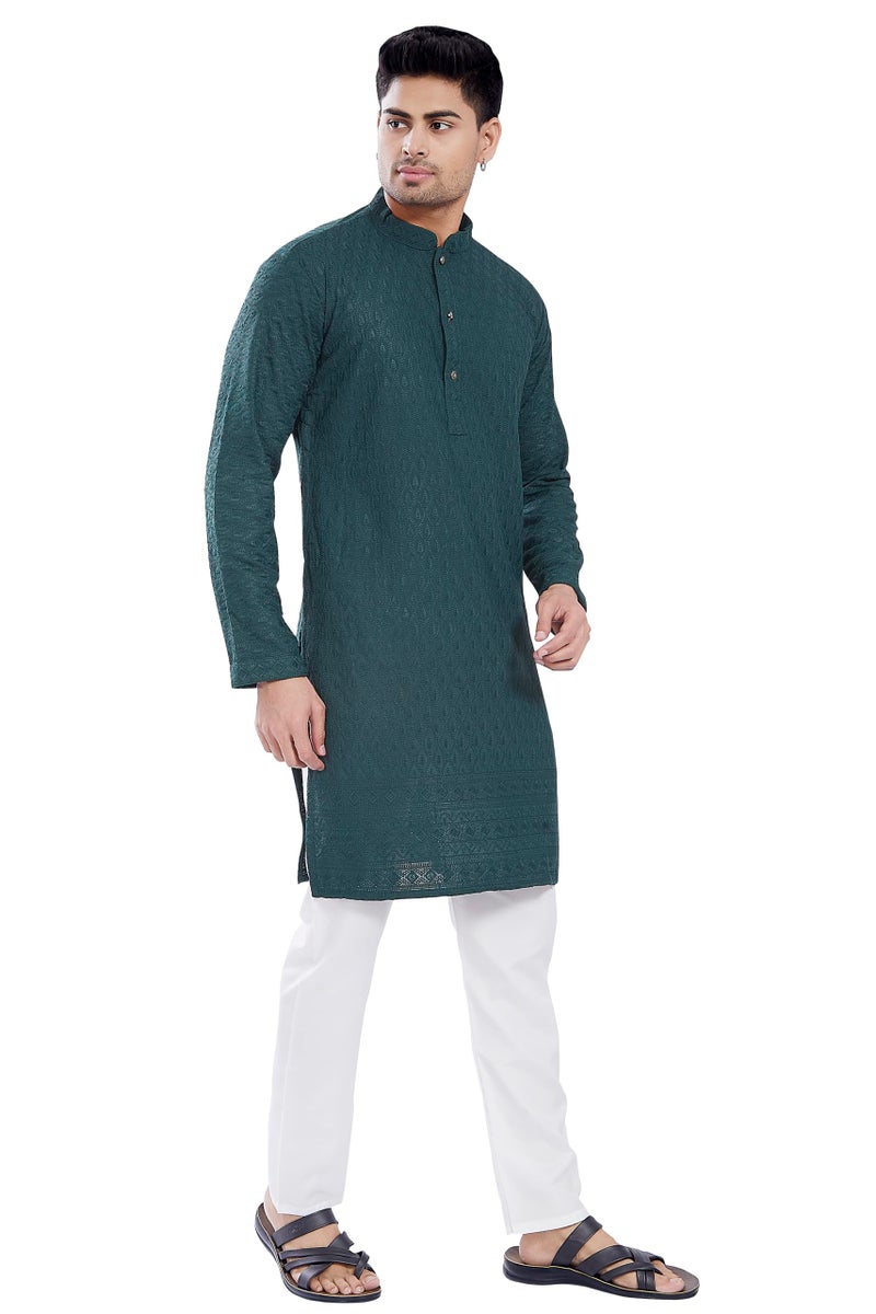 DIVISIVE Men's Thread Embroidered Cotton Blend Only Slim Fit Kurta (DKRT726_XXL_Bottle Green) - Image 3