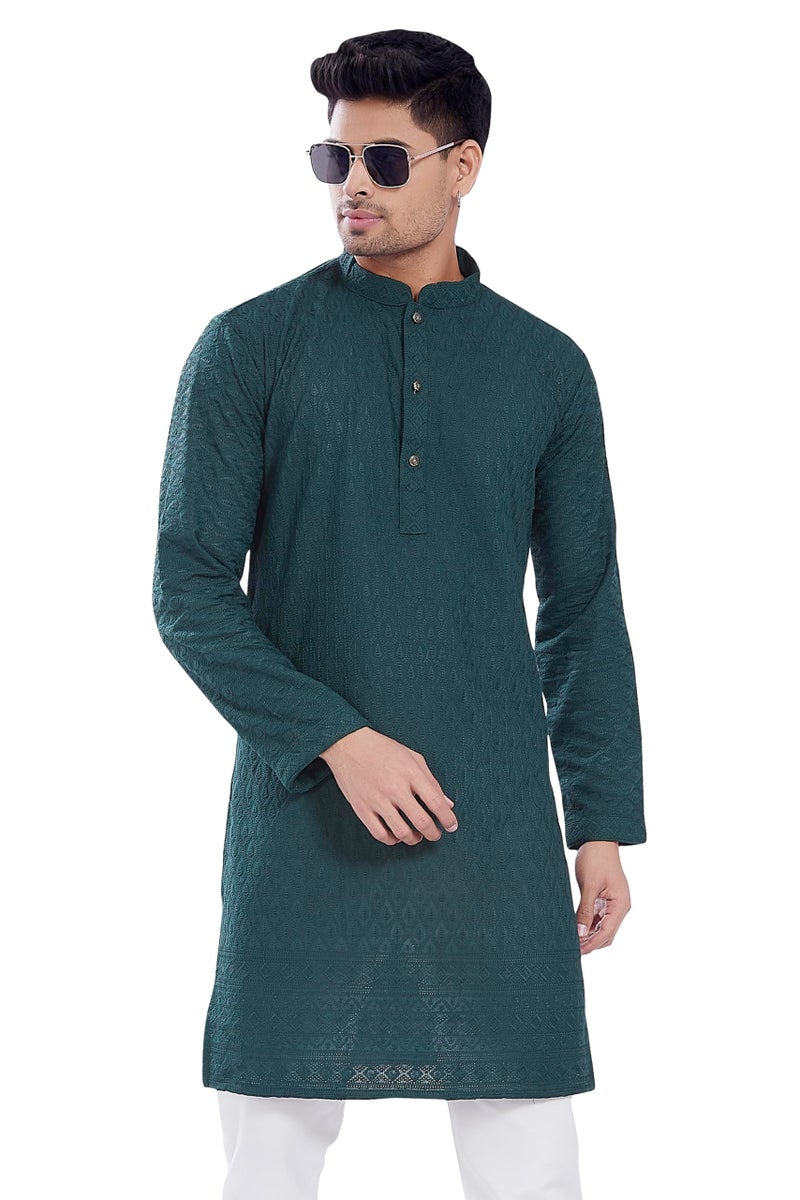 DIVISIVE Men's Thread Embroidered Cotton Blend Only Slim Fit Kurta (DKRT726_XXL_Bottle Green) - Image 1