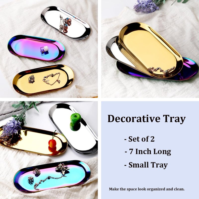 Fermus Stainless Steel Decorative Tray, Set of 2, 7 Inch Long, Jewelry Dish Cosmetics Organizer Bathroom Clutter Serving Platter Small Storage Tray, Oval, Silver - Image 5