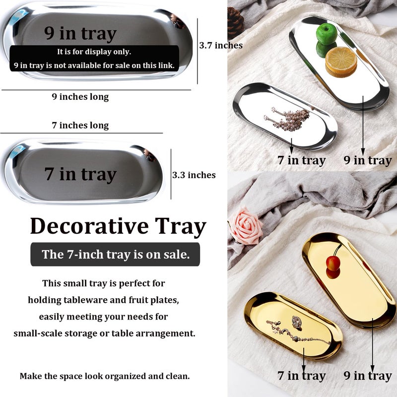 Fermus Stainless Steel Decorative Tray, Set of 2, 7 Inch Long, Jewelry Dish Cosmetics Organizer Bathroom Clutter Serving Platter Small Storage Tray, Oval, Silver - Image 3