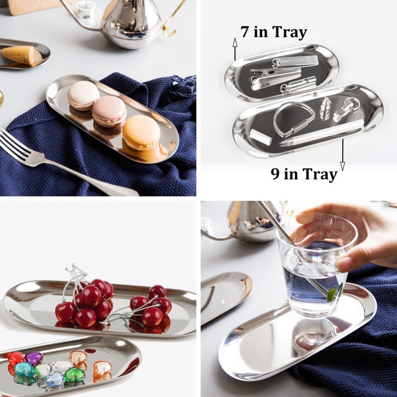 Fermus Stainless Steel Decorative Tray, Set of 2, 7 Inch Long, Jewelry Dish Cosmetics Organizer Bathroom Clutter Serving Platter Small Storage Tray, Oval, Silver - Image 4