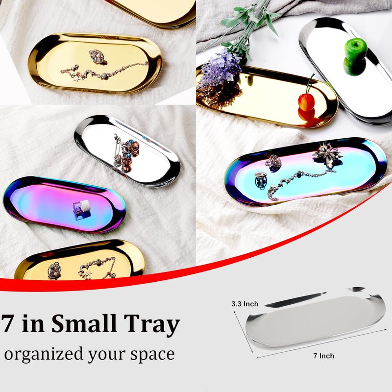 Fermus Stainless Steel Decorative Tray, Set of 2, 7 Inch Long, Jewelry Dish Cosmetics Organizer Bathroom Clutter Serving Platter Small Storage Tray, Oval, Silver - Image 2