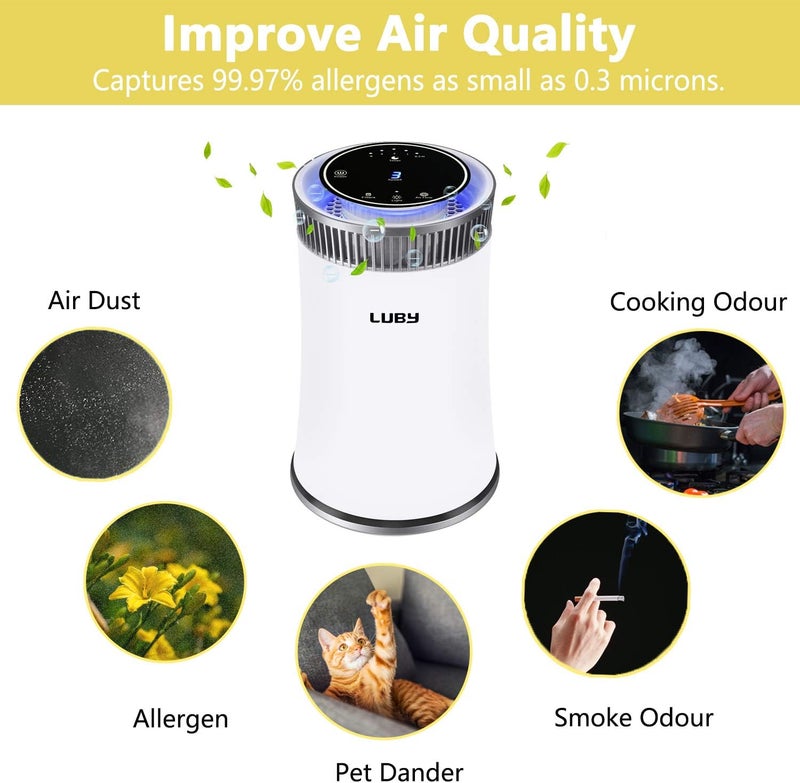 Luby Air Purifier for Home with True HEPA Filter, 5 Speeds, 8H Timer, Night Light & Filter Change Reminder, Portable Air Cleaner for Dust, Smokers, Pollen, Pet Dander, Hayfever, Cooking Smell - Image 2