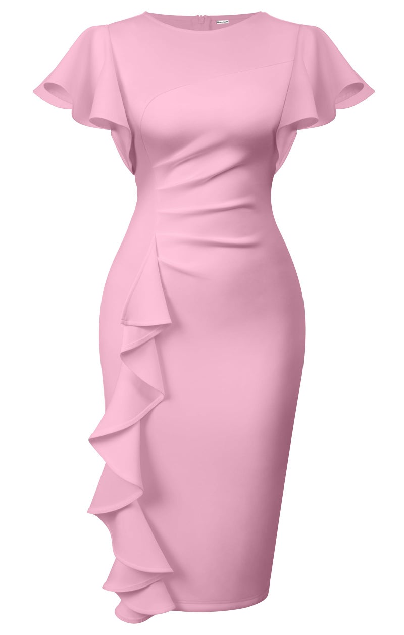 Memoriesea Women's Vintage Church Ruffle Sleeve Ruched Bodycon Work Midi Pencil Dress Pink - Image 1