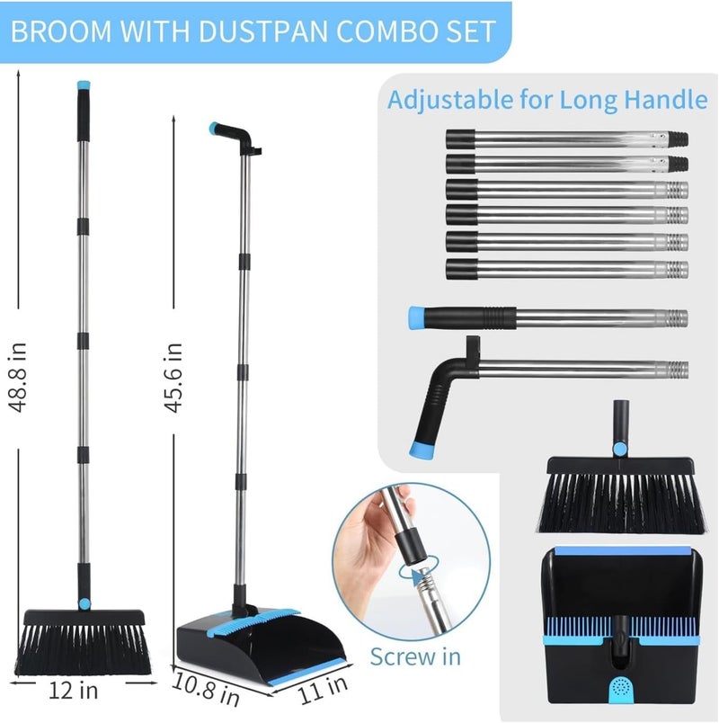 HOUSLET Broom and Dustpan Set, Large Brooms and Dust Pans with 48'' Long Handle, Upright Broom and Dustpan Comb for Lobby Dog Cat Pets Hair Home Use and Kitchen Cleaning (Blue and Black) - Image 2