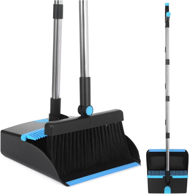 HOUSLET Broom and Dustpan Set, Large Brooms and Dust Pans with 48'' Long Handle, Upright Broom and Dustpan Comb for Lobby Dog Cat Pets Hair Home Use and Kitchen Cleaning (Blue and Black) - Image 1