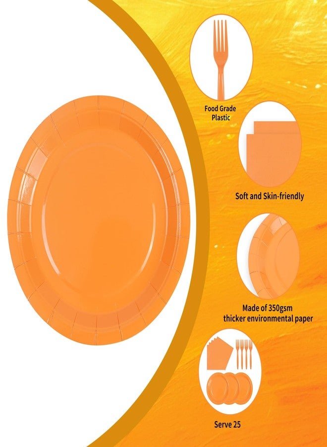 EVYIENEN 75Pcs Orange Paper Plates and Napkins Party Supplies Set,Fall Disposable Plates Party Supplies Includes Paper Napkins Forks Decorations for Fall,Pumpkin,Birthday,Halloween,Christmas,Serves 25 - Image 3