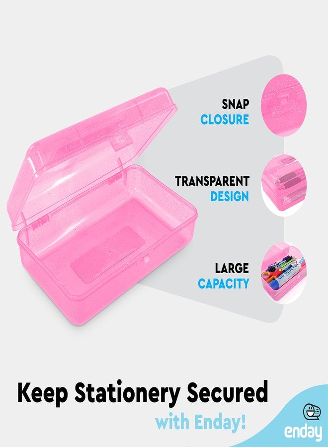 Enday Plastic Pencil Box with Snap Closure Lids Pink, Small Utility Storage Crayon School and Office Supplies Case Organizer, Also Available in Glitter Green, Purple, Blue, Red and Grey, 1 Pc - Image 3