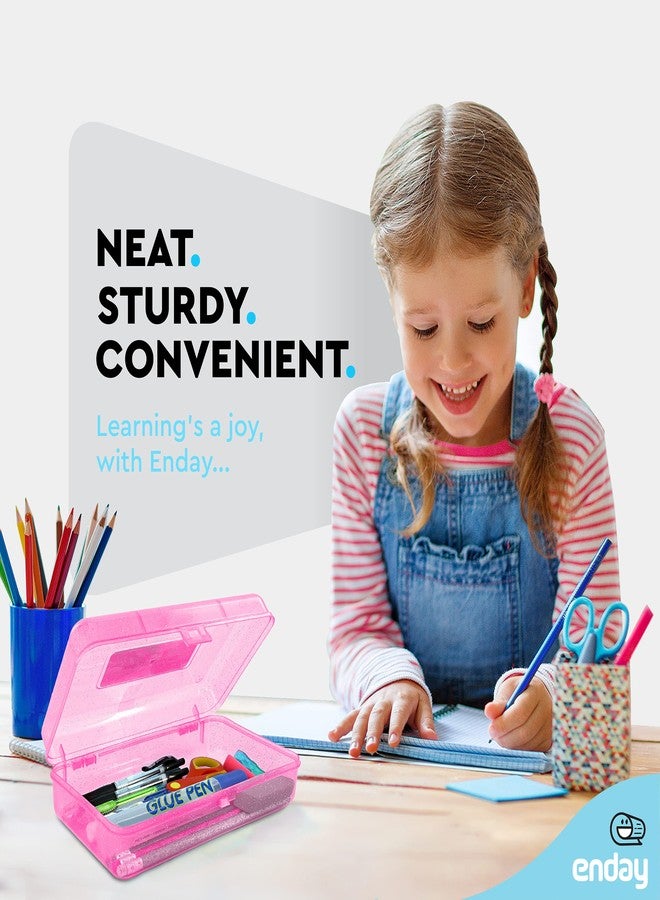Enday Plastic Pencil Box with Snap Closure Lids Pink, Small Utility Storage Crayon School and Office Supplies Case Organizer, Also Available in Glitter Green, Purple, Blue, Red and Grey, 1 Pc - Image 2