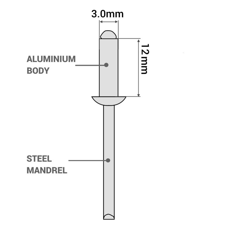 SKIR'CO (200 pcs) Aluminium Blind Rivets 3.0 x 12 mm, Steel Mandrel, Pop Rivets, Dome Head, DIN 7337 Rivets - Image 3