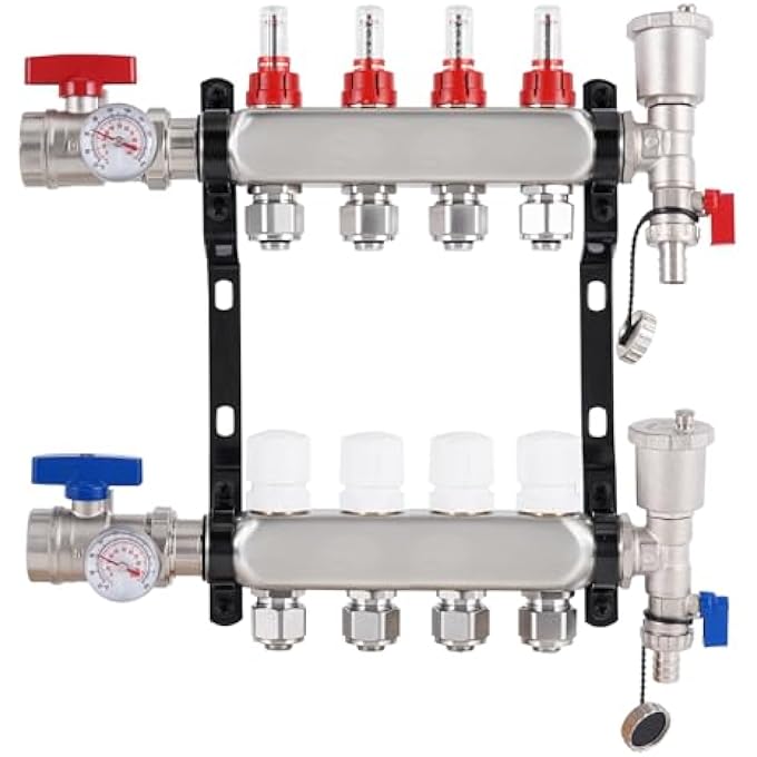 HEATING CIRCUIT DISTRIBUTOR STAINLESS STEEL UNDERFLOOR HEATING DISTRIBUTOR WITH FLOW METER AND VENT GROUP 4 HEATING CIRCUITS FOR UNDERFLOOR HEATING - Image 1