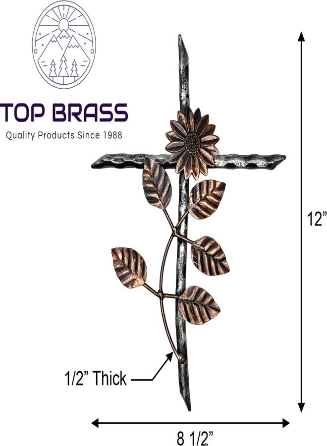 توب براس صليب جداري معدني من توب براس مقاس 12 بوصة - تصميم حديقة زهور عباد الشمس/الأقحوان - صليب سلتيك مقدس بلمسة نهائية من الفضة والنحاس، منحوتة فنية حديثة ريفية ليسوع - Image 2