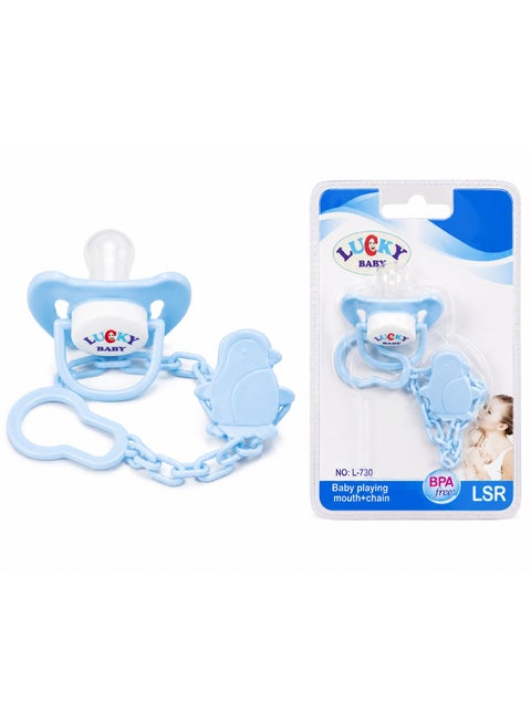 LUCKY BABY Light Blue Silicone Baby Pacifier with Clip & Chain for Ages 0+ Months, BPA Free