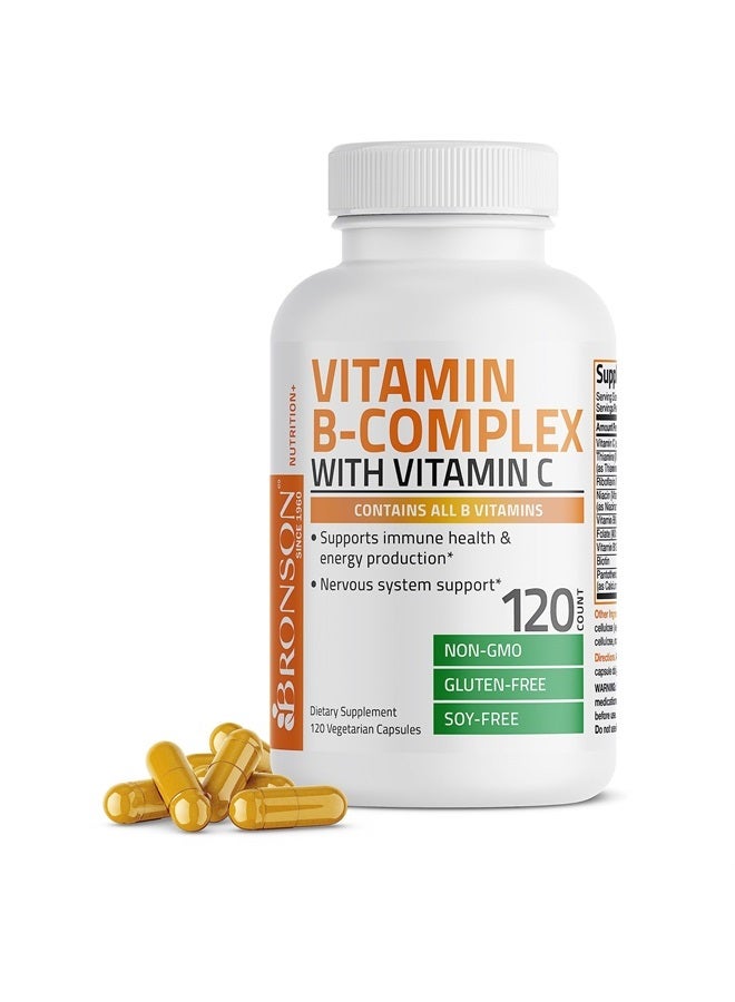 Bronson مجمع فيتامين ب مع فيتامين ج - دعم المناعة، دعم الطاقة ودعم الجهاز العصبي - غير معدّل وراثيًا، 120 كبسولة نباتية - Image 1