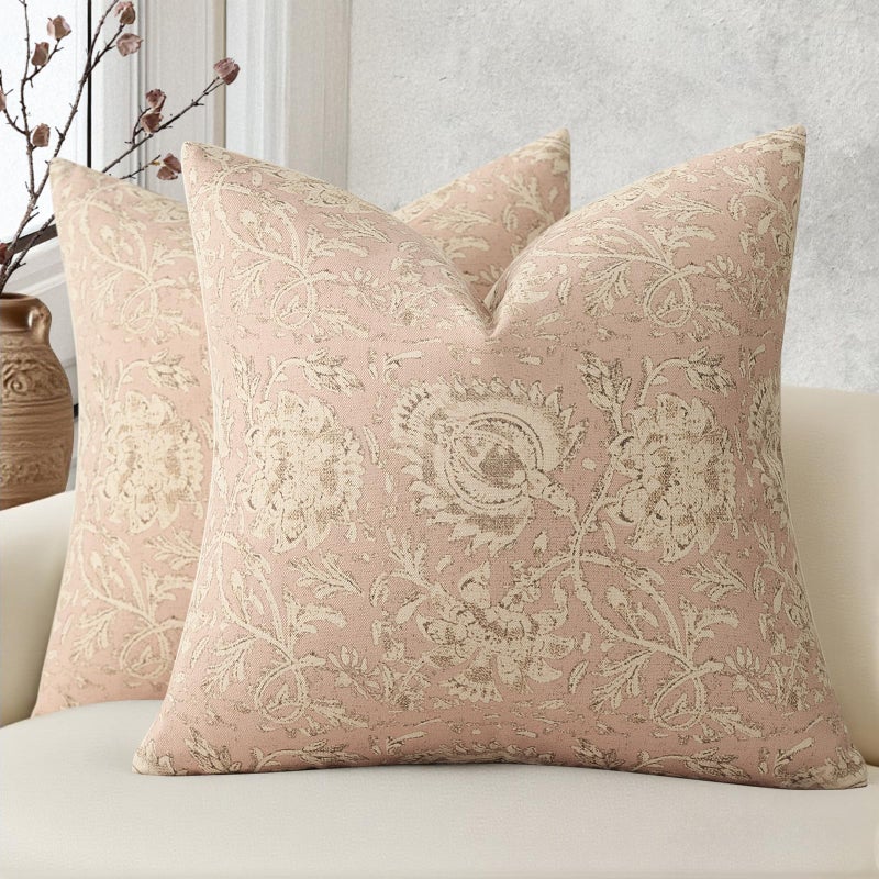 DKwizme Vintage Floral Print Throw Pillow Covers 18x18 Set of 2 Neutral Modern Farmhouse Pillowcases Accent Decorative Cushion Covers Boho Home Decor for Couch Sofa Chair Bed Living Room Champagne Pink - Image 2