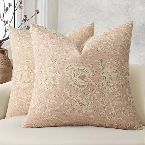 DKwizme Vintage Floral Print Throw Pillow Covers 18x18 Set of 2 Neutral Modern Farmhouse Pillowcases Accent Decorative Cushion Covers Boho Home Decor for Couch Sofa Chair Bed Living Room Champagne Pink - Image 1