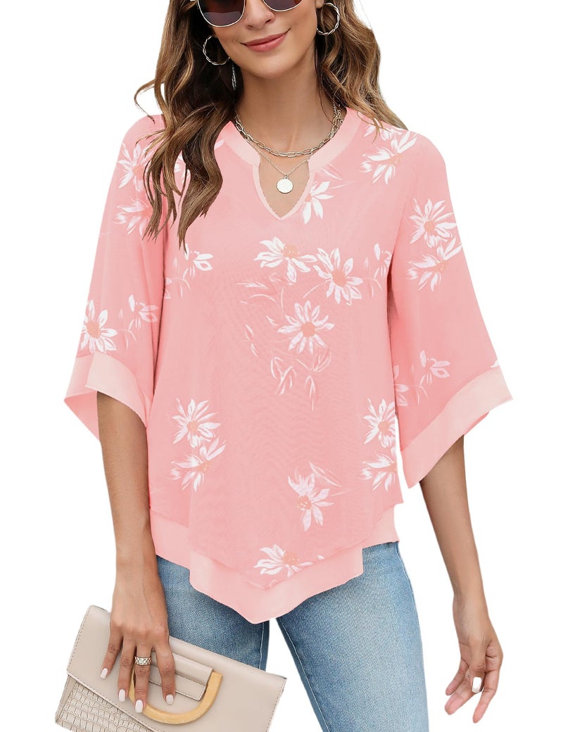 Micoson Light Pink Work Tops Plus Size Rayon Blouses For Women 3/4 Sleeve V Neck Blouse Loose Dressy Top Pink Floral L - Image 1