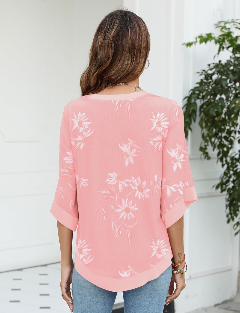 Micoson Light Pink Work Tops Plus Size Rayon Blouses For Women 3/4 Sleeve V Neck Blouse Loose Dressy Top Pink Floral L - Image 5