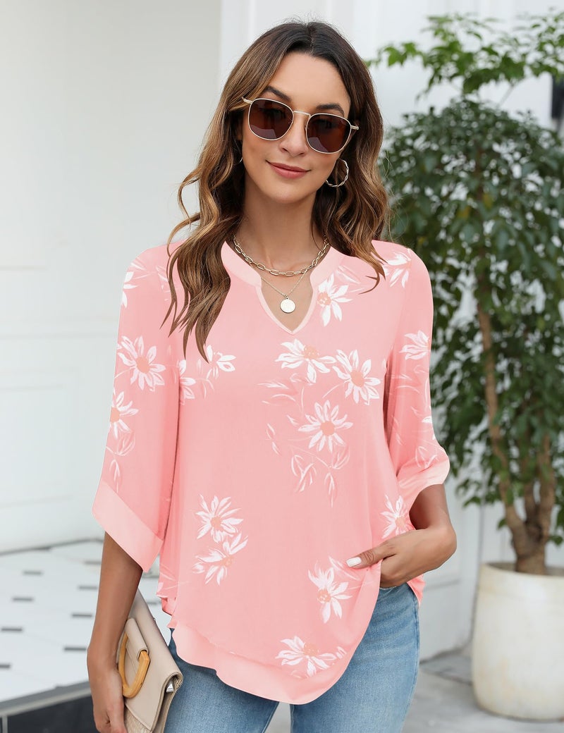 Micoson Light Pink Work Tops Plus Size Rayon Blouses For Women 3/4 Sleeve V Neck Blouse Loose Dressy Top Pink Floral L - Image 2
