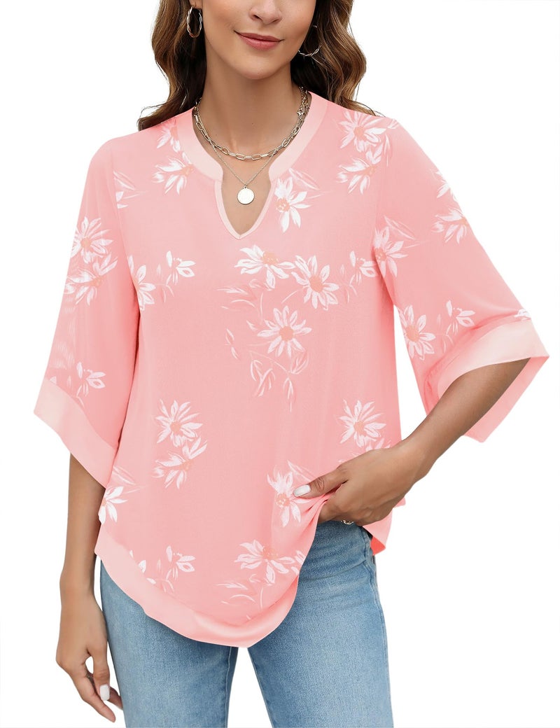 Micoson Light Pink Work Tops Plus Size Rayon Blouses For Women 3/4 Sleeve V Neck Blouse Loose Dressy Top Pink Floral L - Image 4