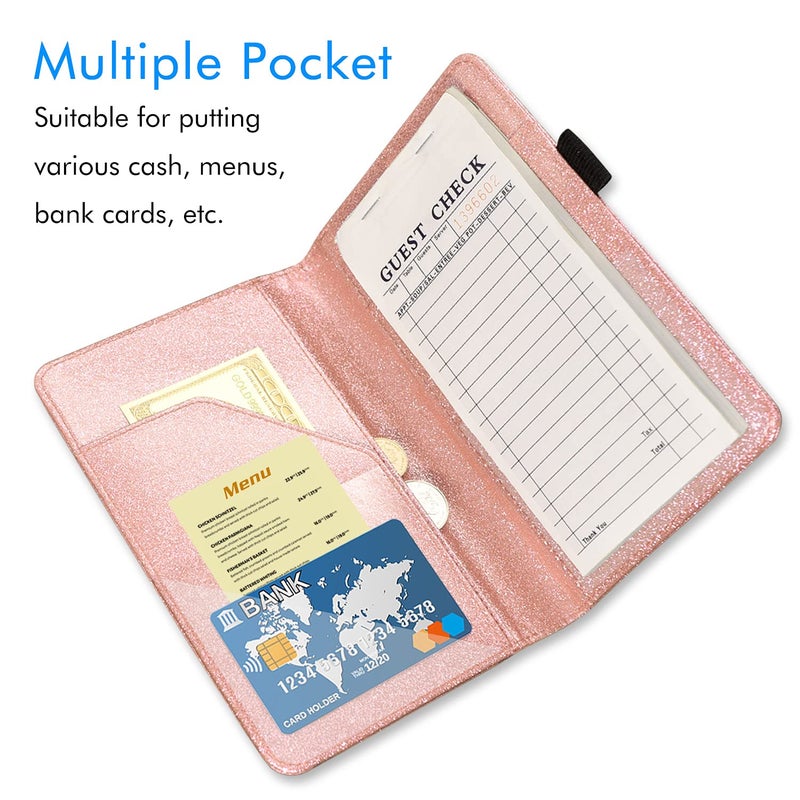 ACdream Server Books for Waitress, Guest Book Note Pad, Cute Pocket Leather Money Organizer Wallet, Cash Check Bill Receipt Holder Presenter, Waiter Accessories Fit Server Apron- Glitter Rose - Image 2