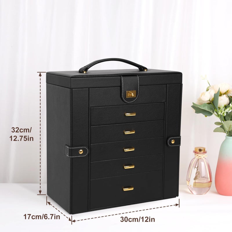 Kendal Extra Large Jewelry Box Jewelry Case PU Leather 6 Tier 5 Drawers Large Storage Capacity with Mirror Jewelry Storage Organizer Great Gift Also Good For Watches LJC-SHD5BK (black) - Image 2