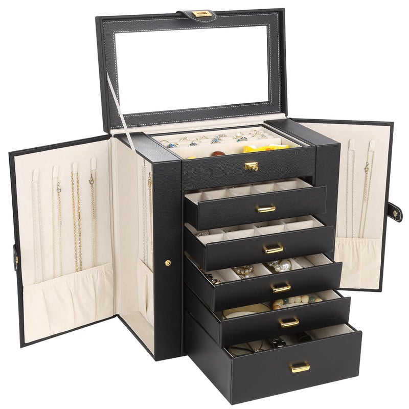 Kendal Extra Large Jewelry Box Jewelry Case PU Leather 6 Tier 5 Drawers Large Storage Capacity with Mirror Jewelry Storage Organizer Great Gift Also Good For Watches LJC-SHD5BK (black) - Image 1