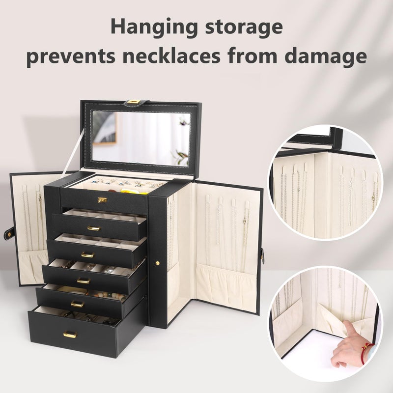 Kendal Extra Large Jewelry Box Jewelry Case PU Leather 6 Tier 5 Drawers Large Storage Capacity with Mirror Jewelry Storage Organizer Great Gift Also Good For Watches LJC-SHD5BK (black) - Image 5