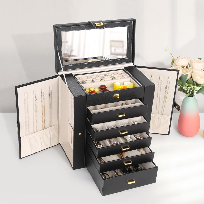 Kendal Extra Large Jewelry Box Jewelry Case PU Leather 6 Tier 5 Drawers Large Storage Capacity with Mirror Jewelry Storage Organizer Great Gift Also Good For Watches LJC-SHD5BK (black) - Image 4