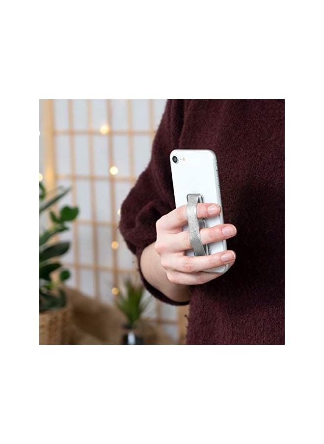 kwmobile Universal Elastic Finger Holder for Smartphones - PU Leather Stretch Grip Finger Strap with Stand Compatible with All Smartphones - Silver  - Image 3