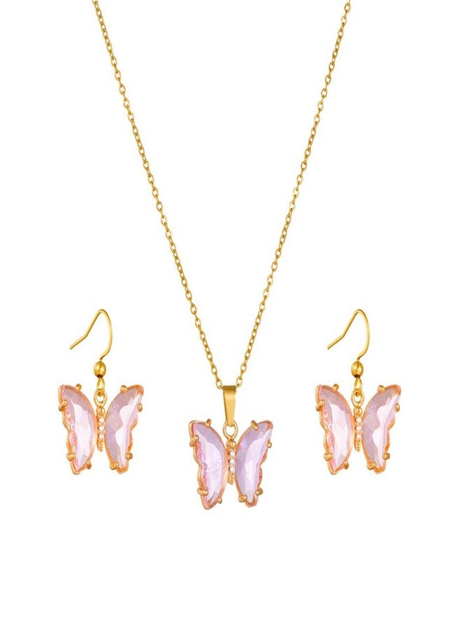 Pingyongchang Butterfly Pendant Necklace Earrings for Women Handmade Minimalist Cubic Zirconia Gold-Plated Butterfly Pendant Earrings Necklace Cute Crystal Butterfly Jewelry Set for Women Gifts Jewelry-Pink - Image 1