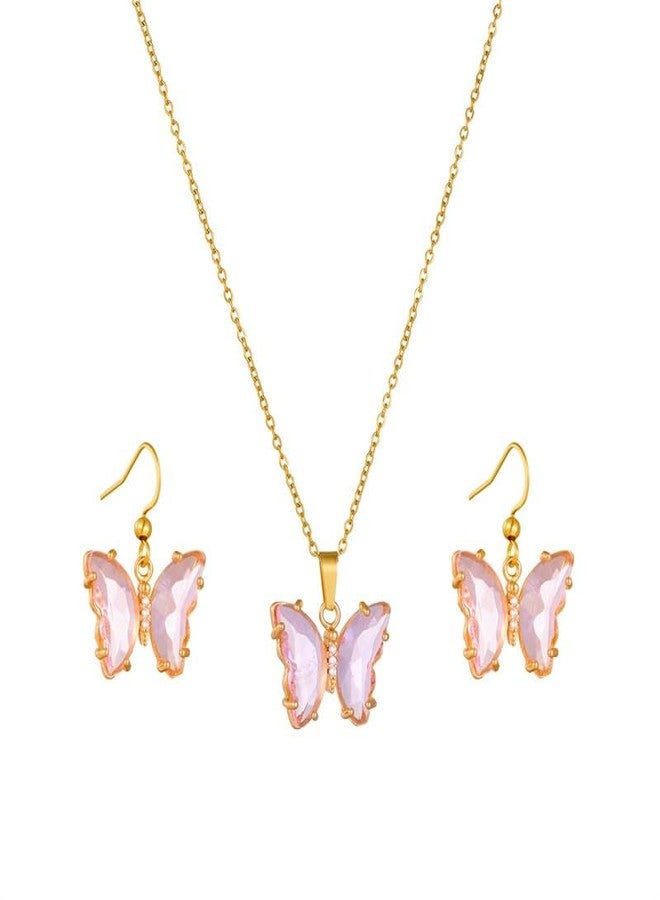 Pingyongchang Butterfly Pendant Necklace Earrings for Women Handmade Minimalist Cubic Zirconia Gold-Plated Butterfly Pendant Earrings Necklace Cute Crystal Butterfly Jewelry Set for Women Gifts Jewelry-Pink - Image 3
