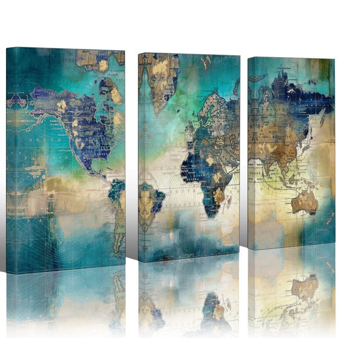 CANVAS WALL ART FOR LIVING ROOM WORLD MAP WALL DECOR LARGE WALL ART FOR BEDROOM OFFICE ARTWORK MAP WALL ART 16X32 3 PIECE CANVAS WALL ART
